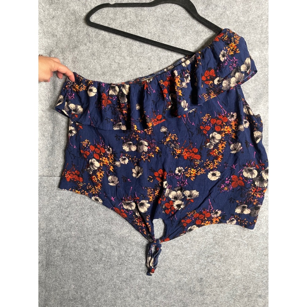 Mossimo Supply Co Womens XXL‎ Navy Blue Floral One Shoulder Ruffle Tie Front Top